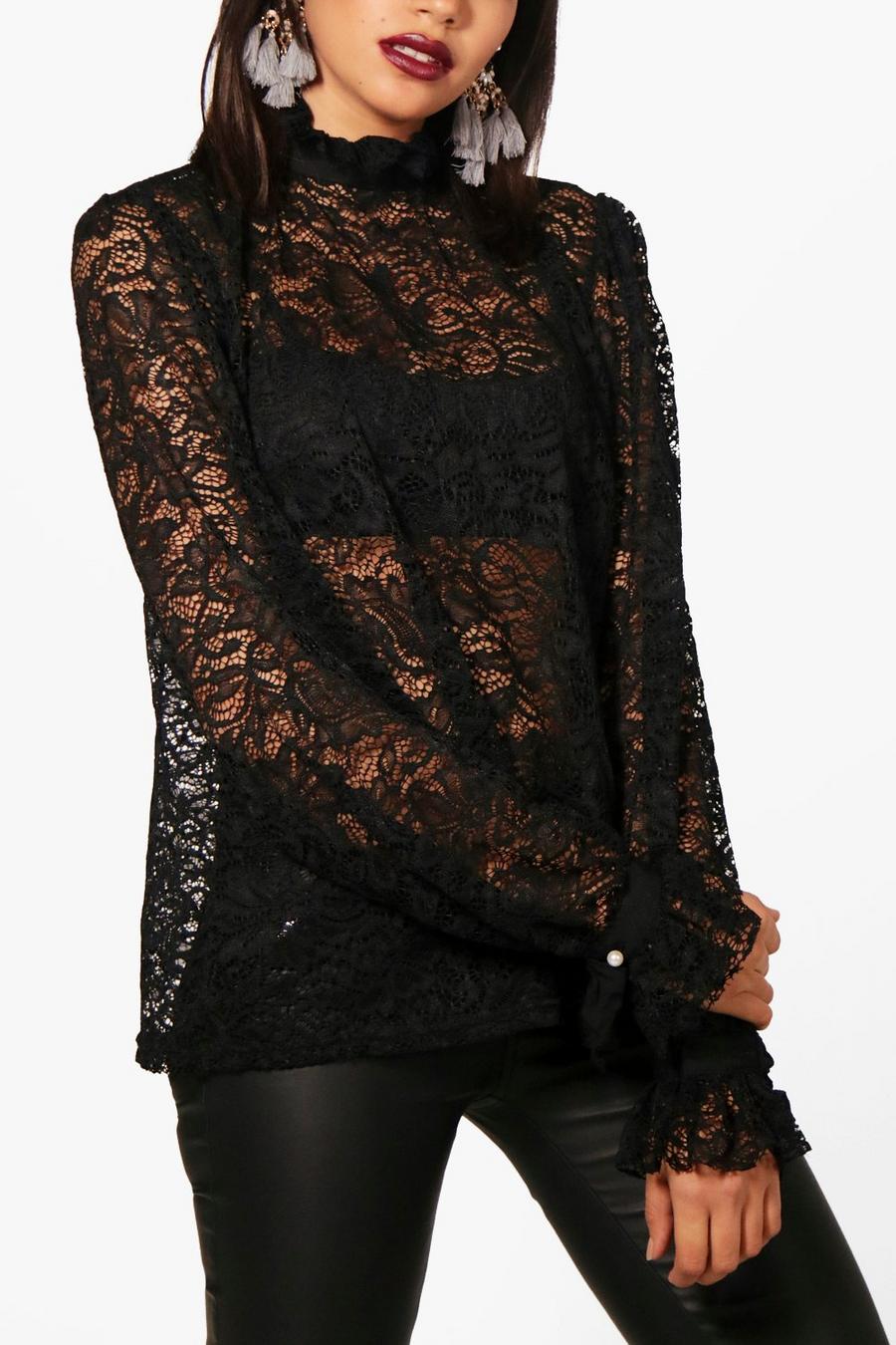 Sara High Neck Lace Pearl Button Blouse image number 1