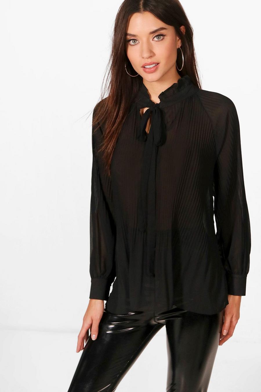 Pleated Pussy Bow Blouse, Black image number 1