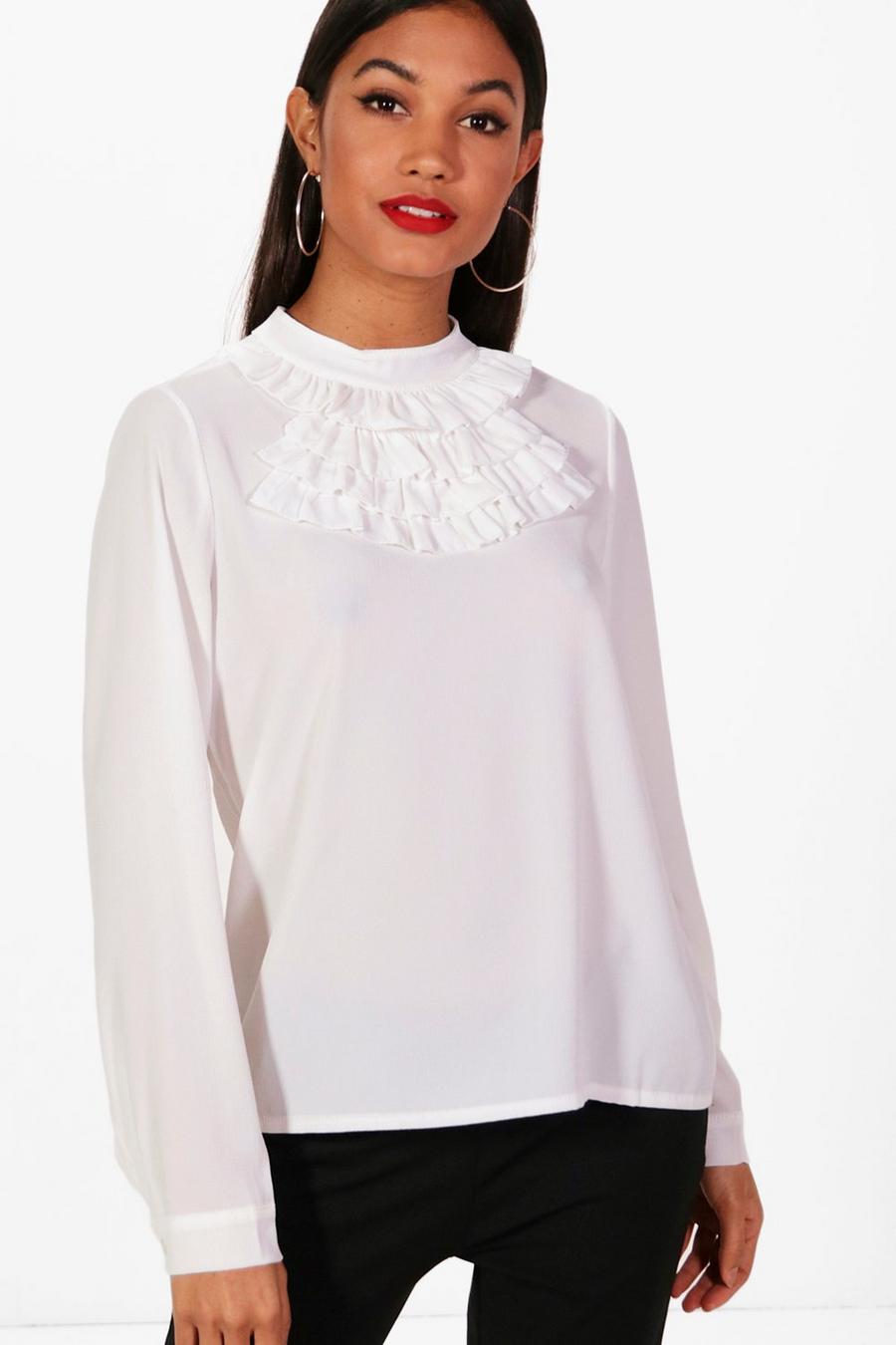 White High Neck Ruffle Collar Blouse image number 1