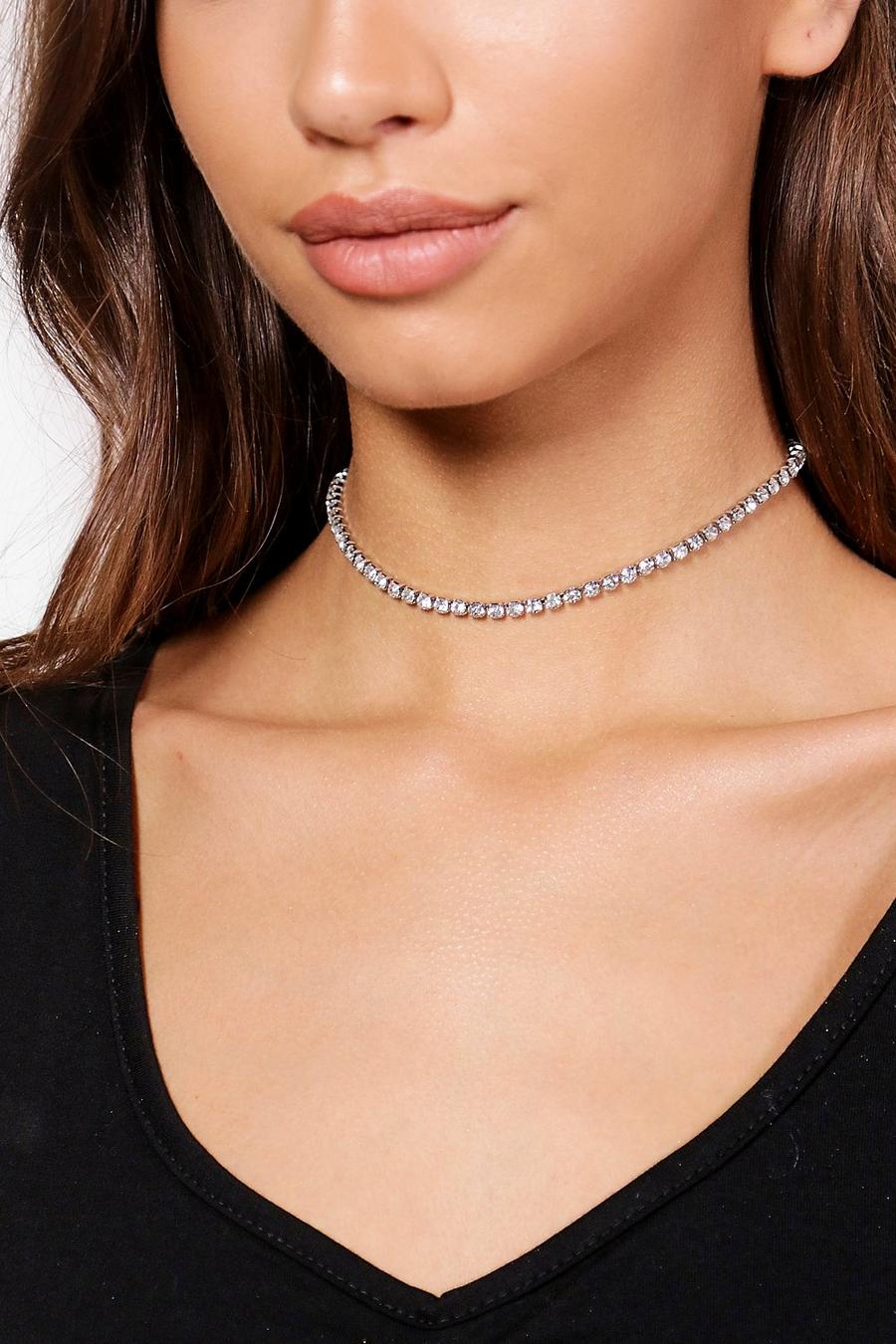 Silver Skinny Diamante Choker Necklace image number 1