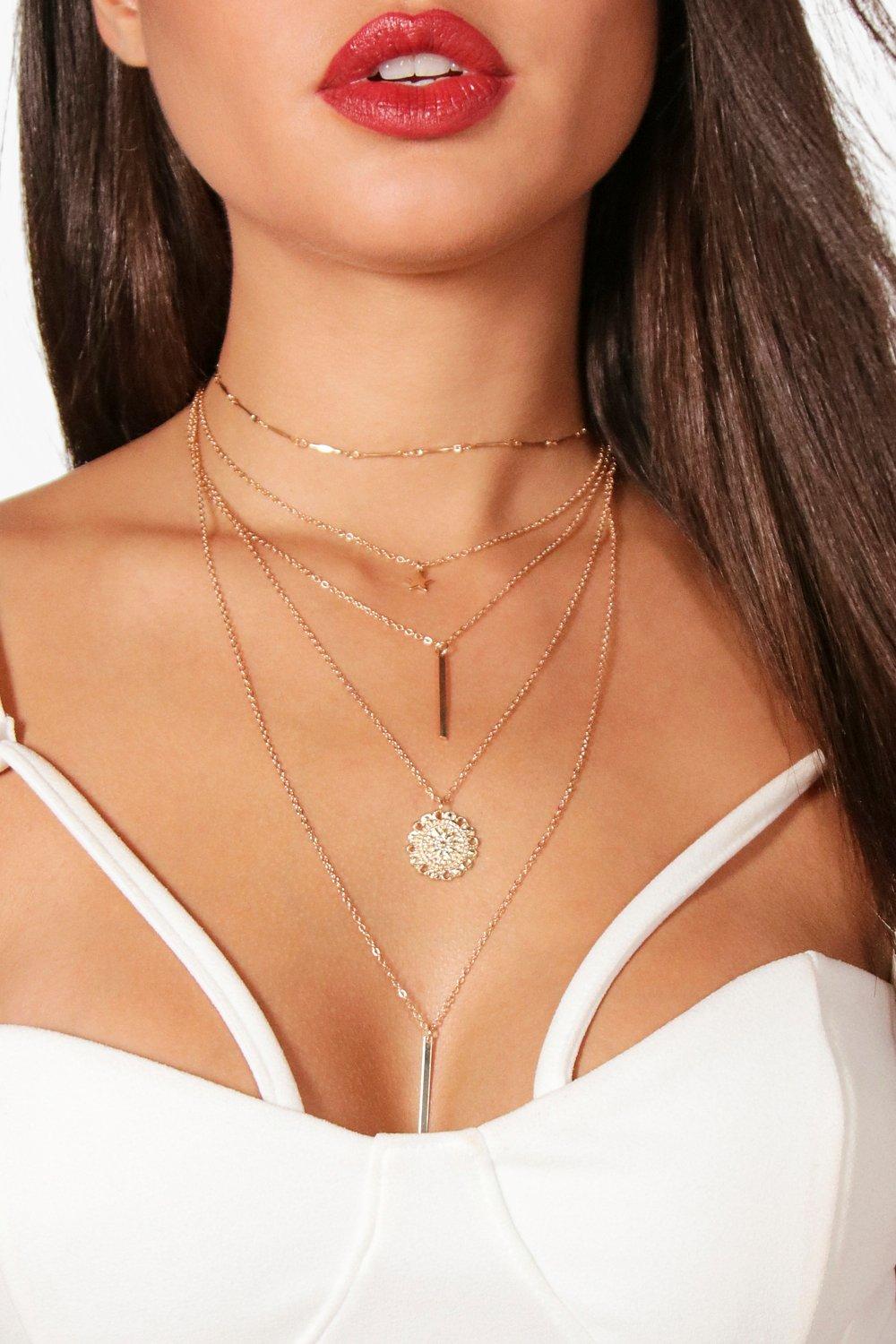 ACCESSORIES Layered Coin & Bar Chain Choker Necklace