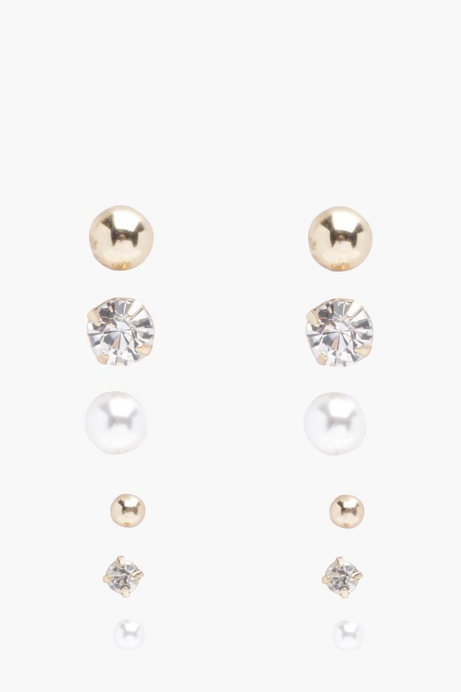 Pack de 6 pendientes con perlas e incrustaciones, Gold image number 1