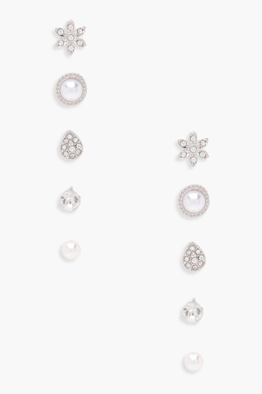 Orecchini a bottone con perle e strass - set di 5 paia, Argento image number 1