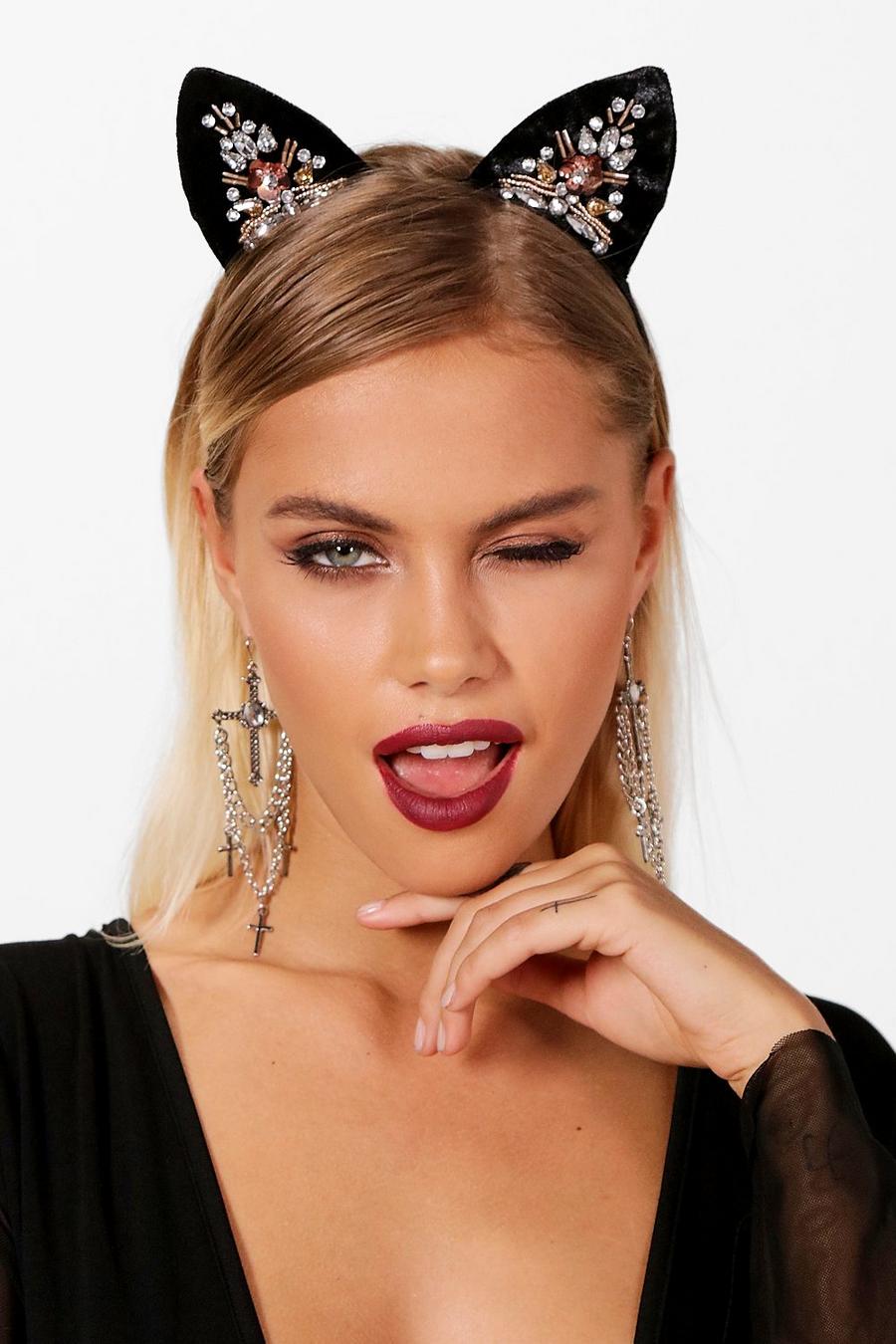 Black Bec Diamante Embellished Cat Ears Headband image number 1