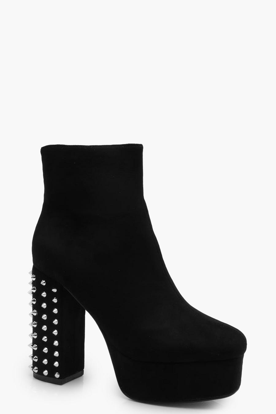 Black Studded Block Heel Platform Boots image number 1