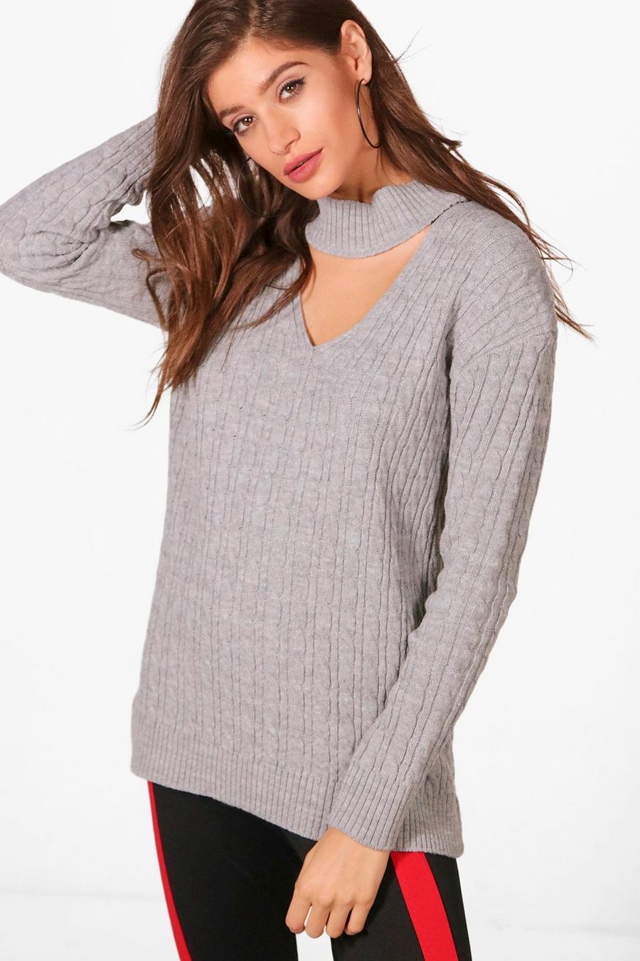 Cable Knit Choker Jumper, Silver image number 1