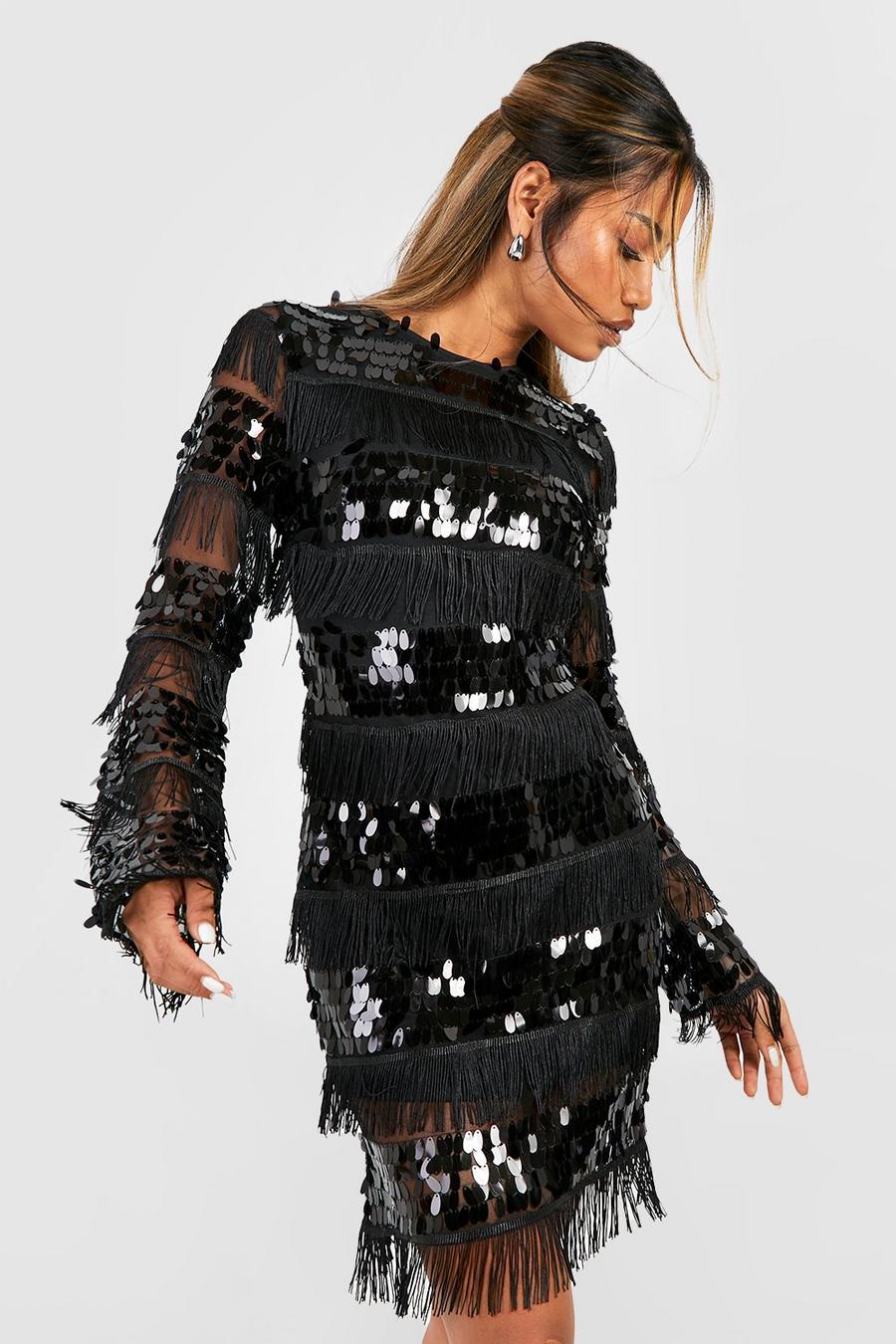 Langärmliges Pailletten Bodycon-Kleid mit Fransen, Black image number 1