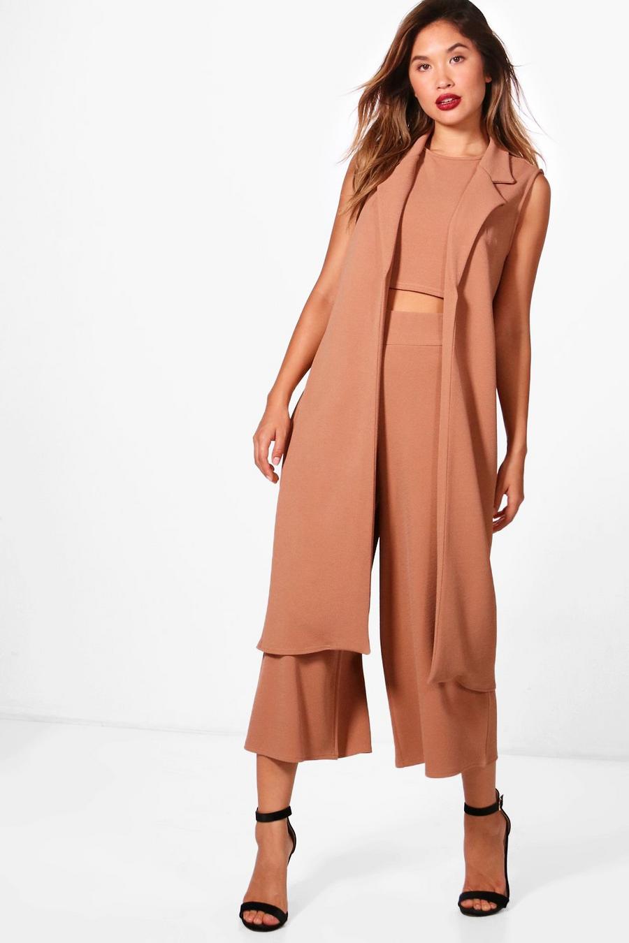 Tan 3 Piece Crop Culotte & Duster Two-Piece Set image number 1