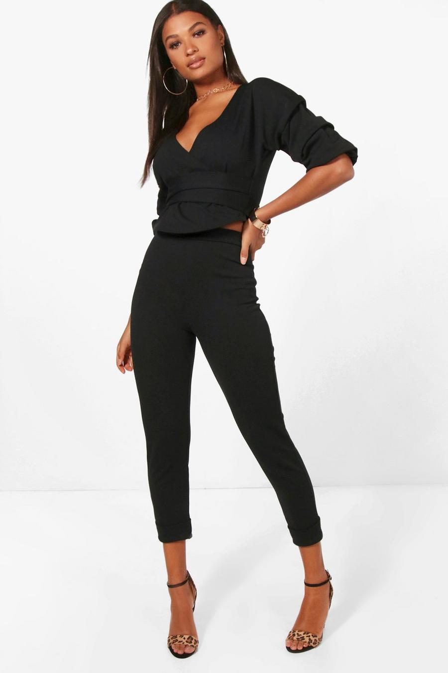 Black Wrap Rouche Top And Pants Co-Ord Set image number 1