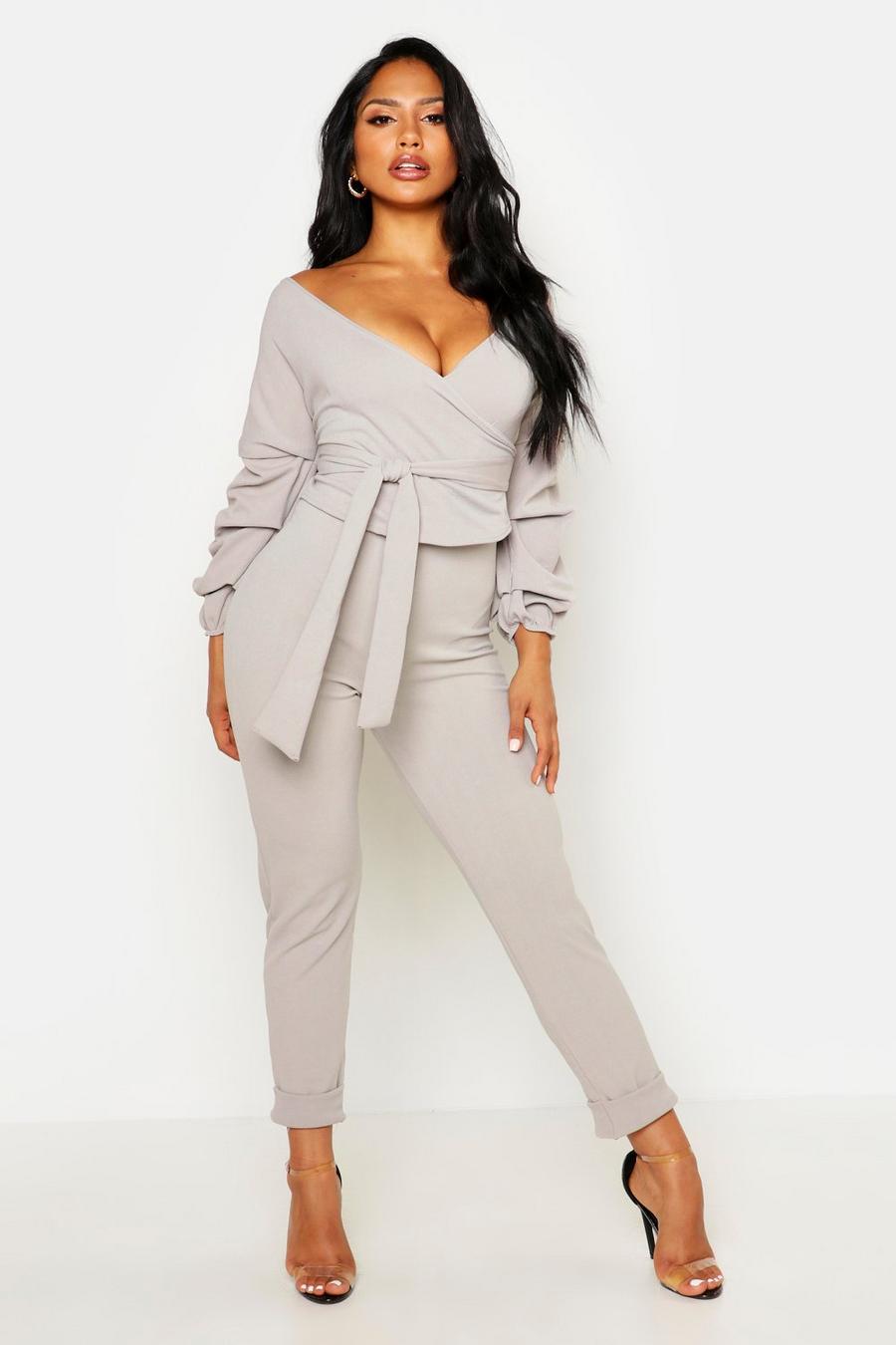 Grey Wrap Rouche Top And Pants Co-Ord Set image number 1