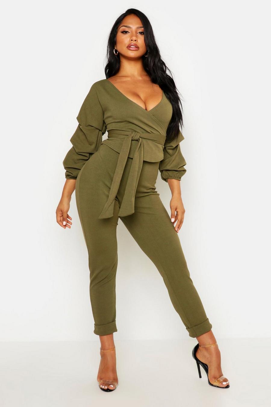 Khaki Wrap Rouche Top And Pants Co-Ord Set image number 1