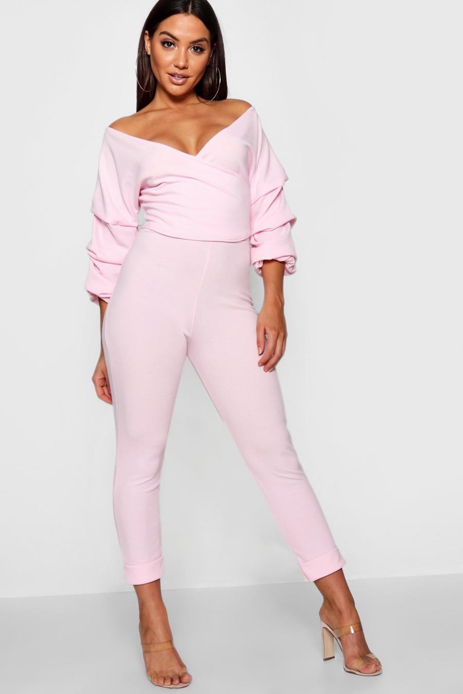Soft pink Wrap Rouche Top And Trouser Co-Ord Set image number 1