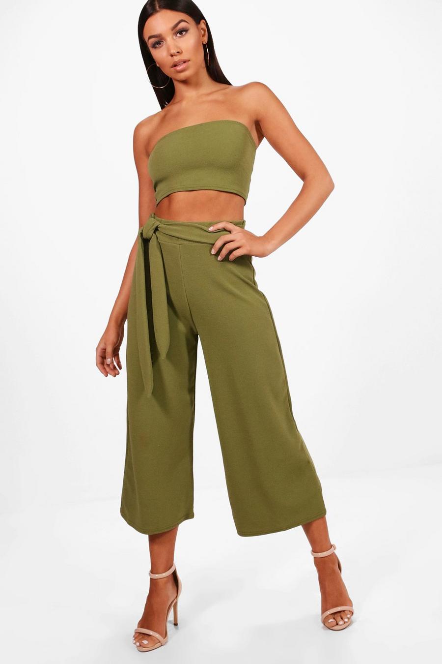 Military green Tie Waist Culotte Co-Ord Set image number 1