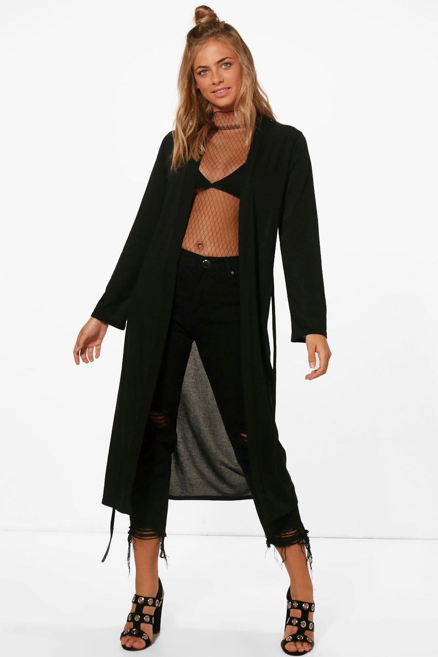 Black Evie Midi Belted Knitted Duster Cardigan image number 1
