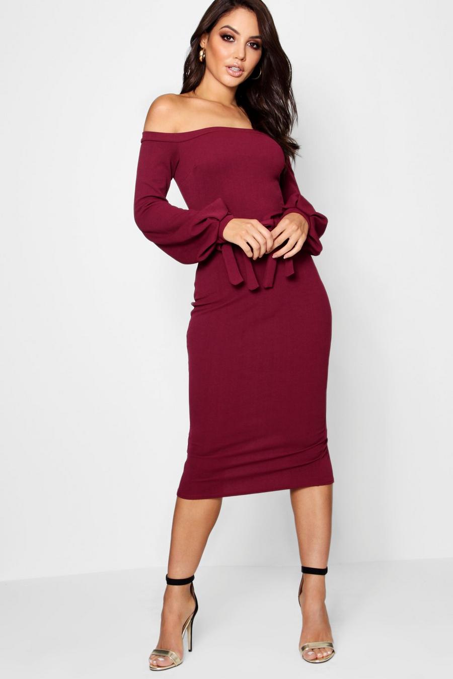 Off the Shoulder Blouson Tie Sleeve Dress, Berry image number 1