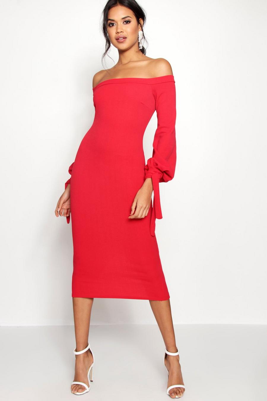 Red Off shoulder-klänning med knytdetaljer image number 1