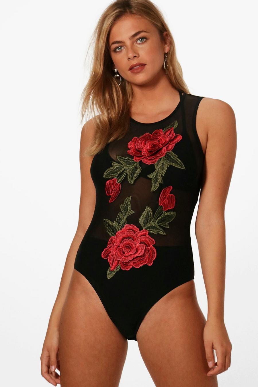 Black Rose Embroidered Mesh Bodysuit image number 1