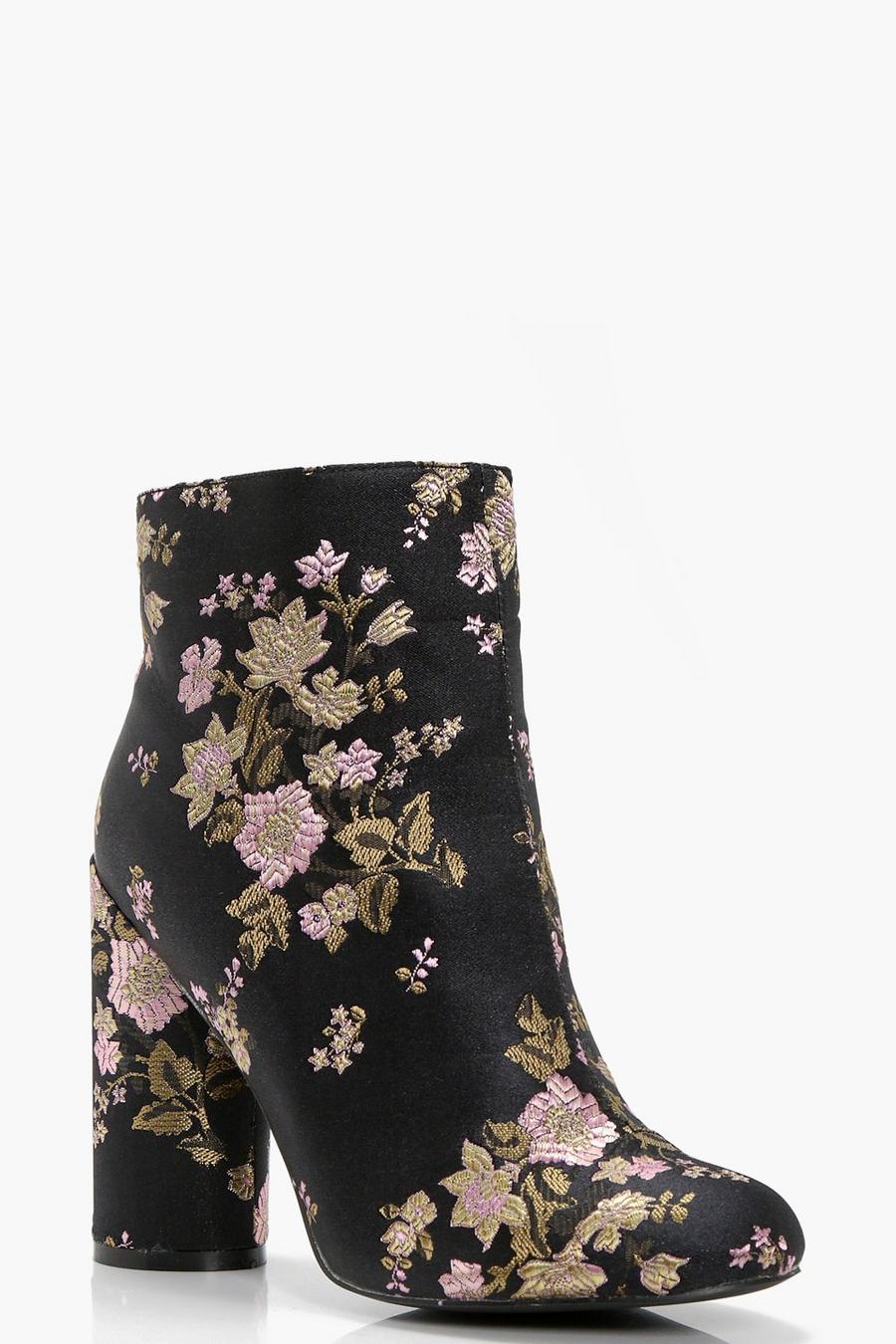 Black Floral Embroidered Cylinder Heel Boots image number 1