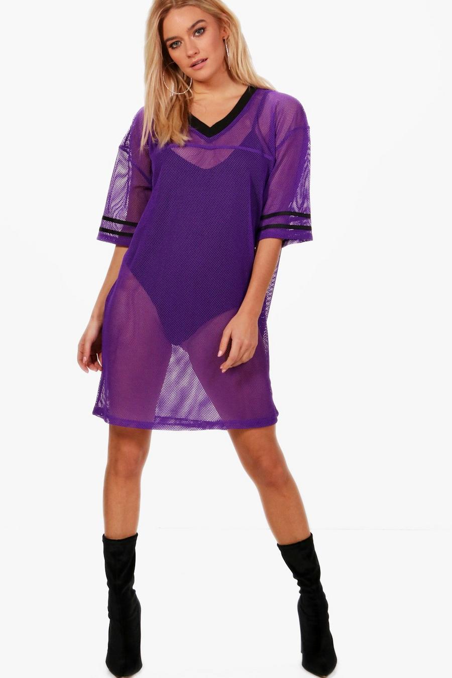 Purple Baseball Mesh Oversized T-Shirt Dress image number 1
