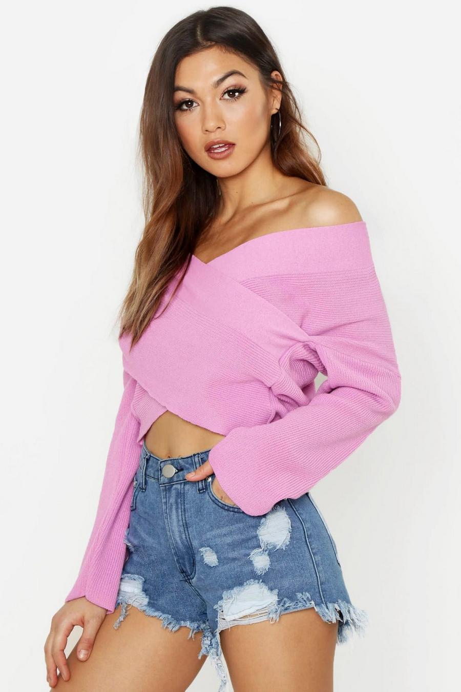Pink Stickad tröja i omlottmodell image number 1