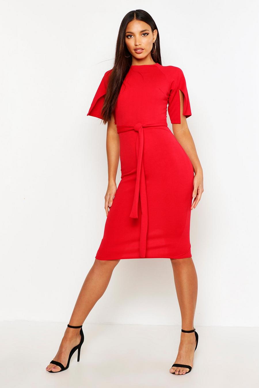 Red Split Sleeve Tie Waist Wiggle Midi Dress image number 1