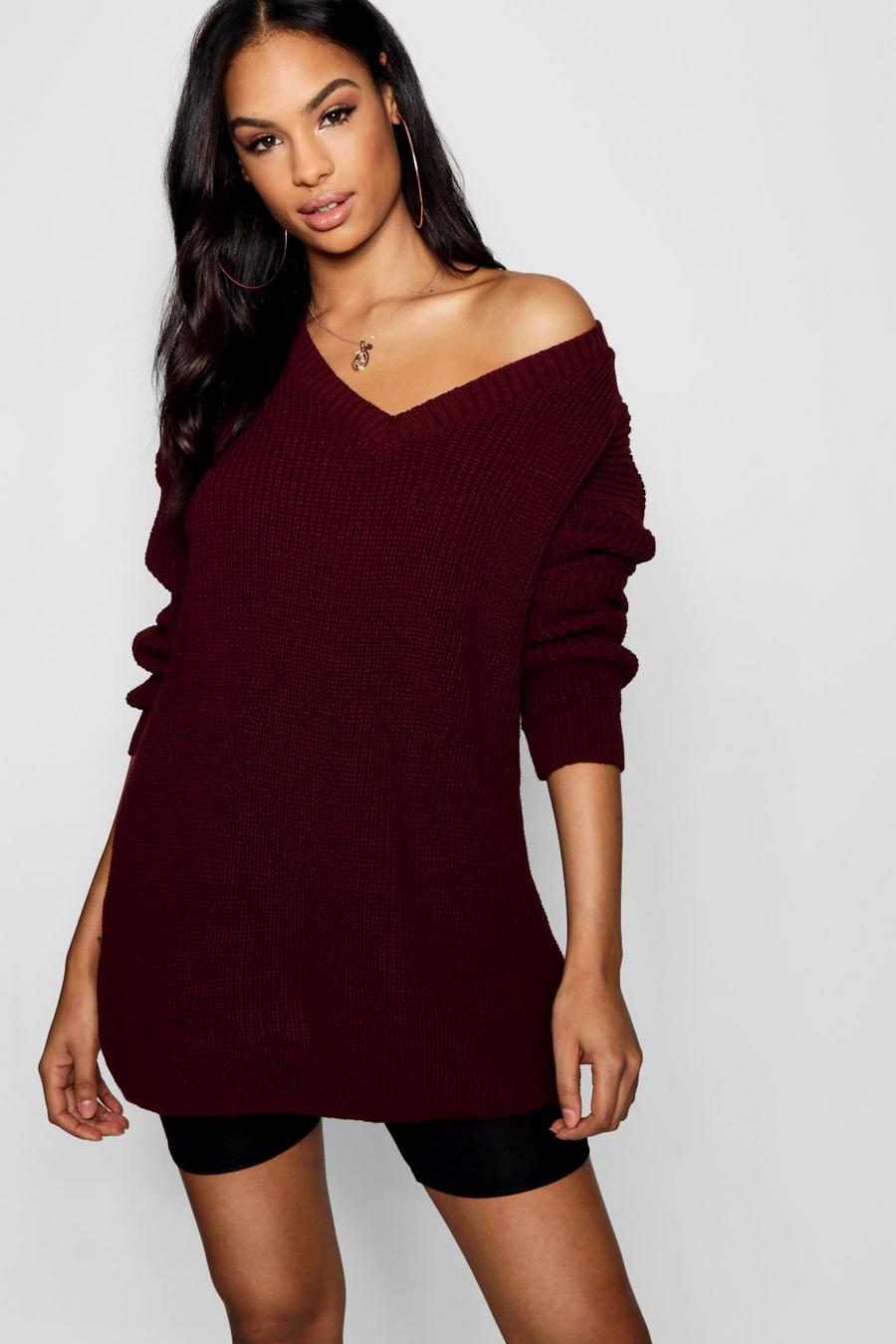 Crimson Rib Knit V Neck Jumper Dress image number 1