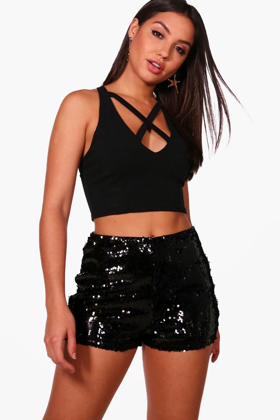 Black All Over Sequin High Waisted Booty Shorts image number 1