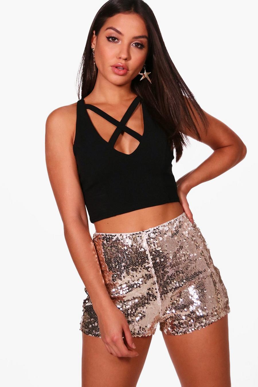 Gold All Over Sequin High Waisted Hotpants image number 1