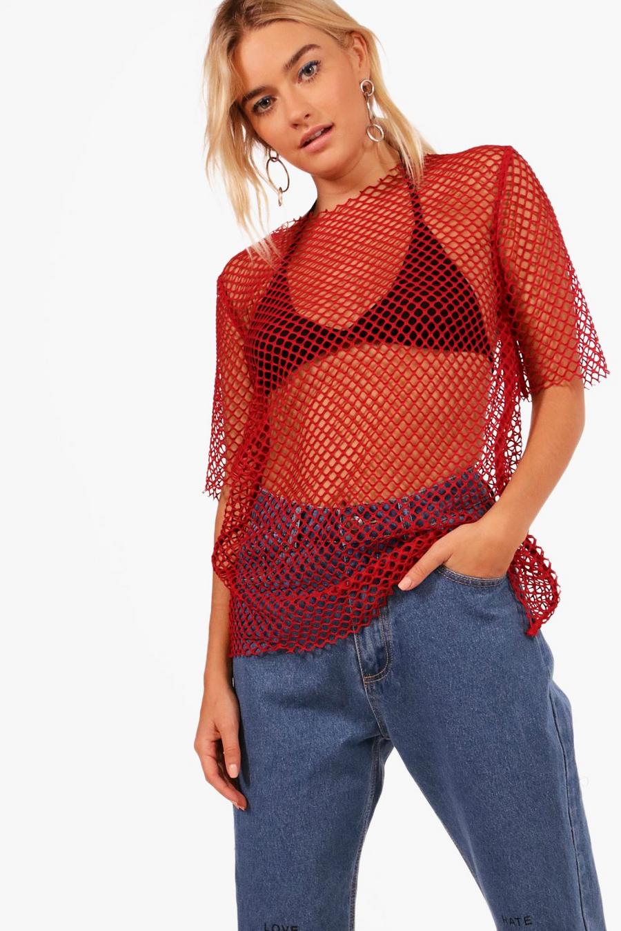 Red Mia Fishnet Oversized T-Shirt image number 1