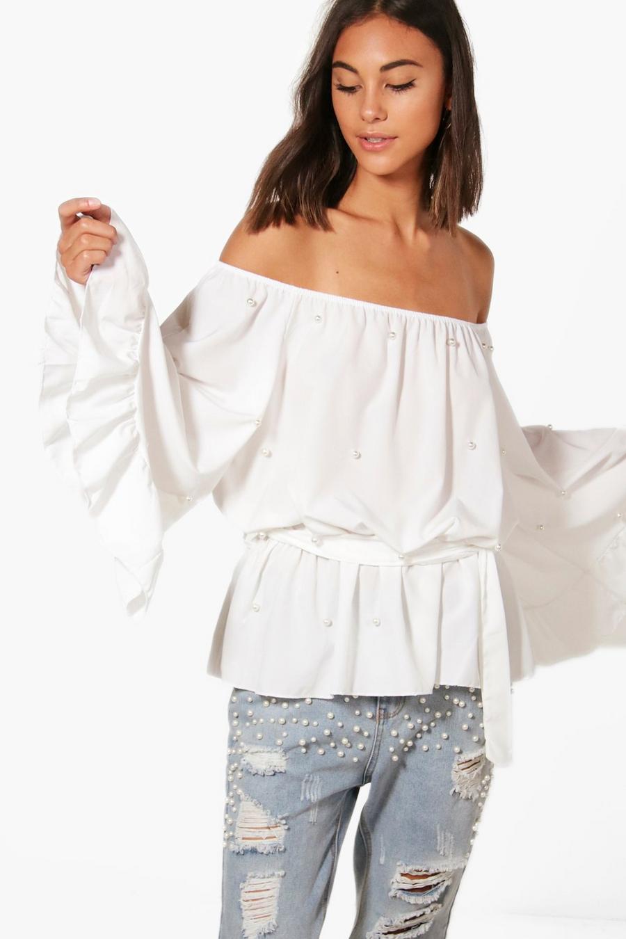 White Pearl Off The Shoulder Ruffle Blouse image number 1