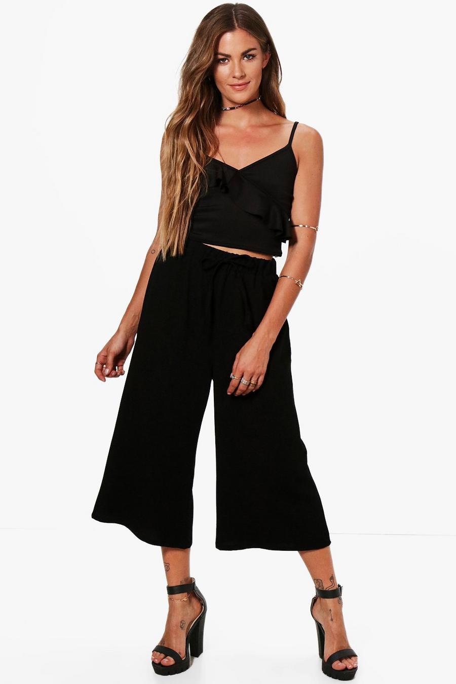 Black Basic Tie Waist Woven Crepe Culottes image number 1