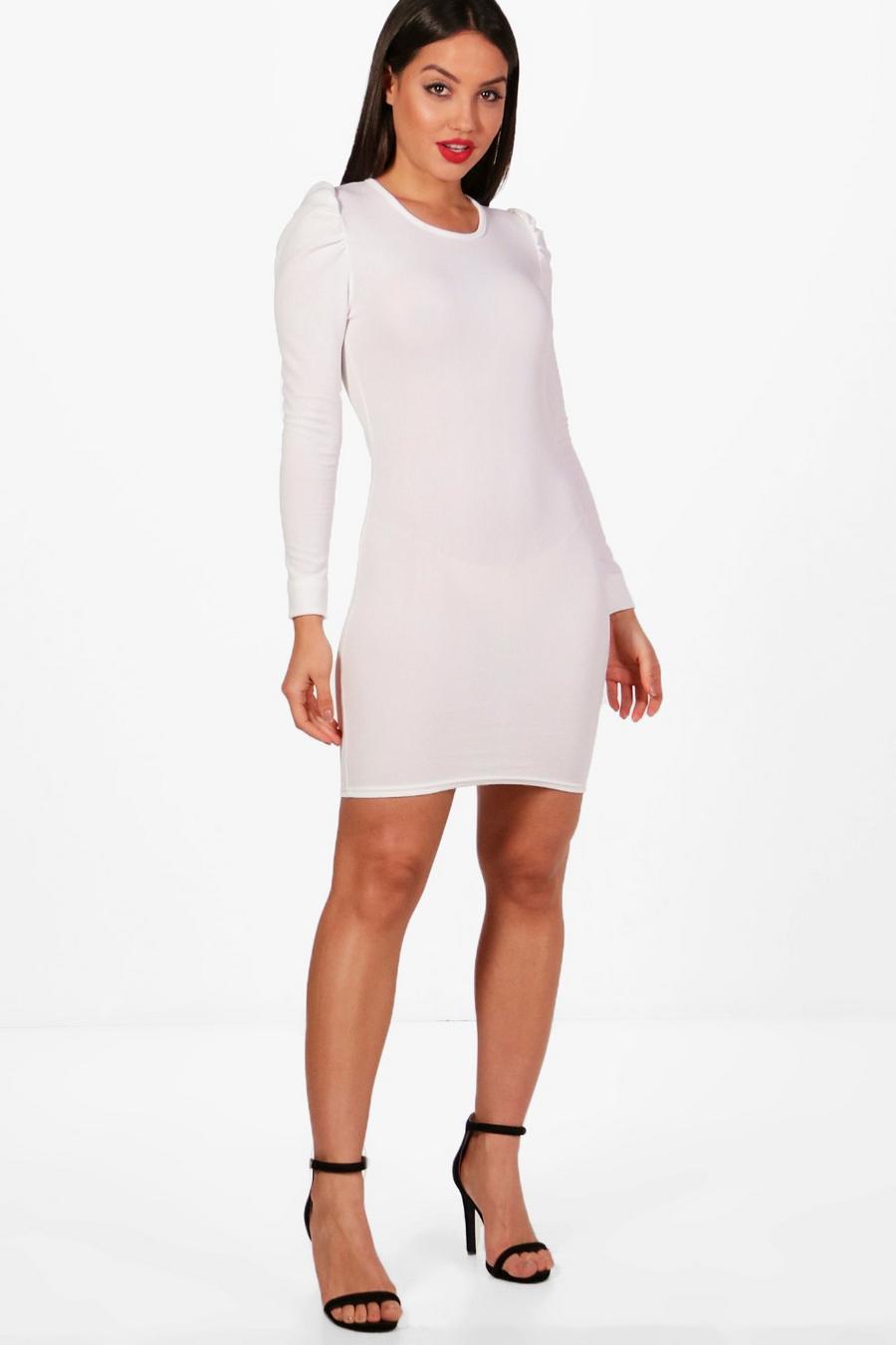 Puff Sleeve Bodycon Dress, Ivory image number 1