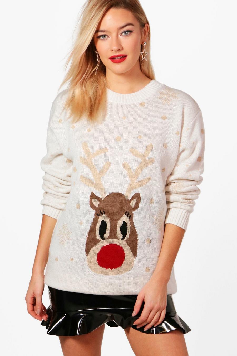 Cream Snowflake Reindeer Christmas Sweater image number 1
