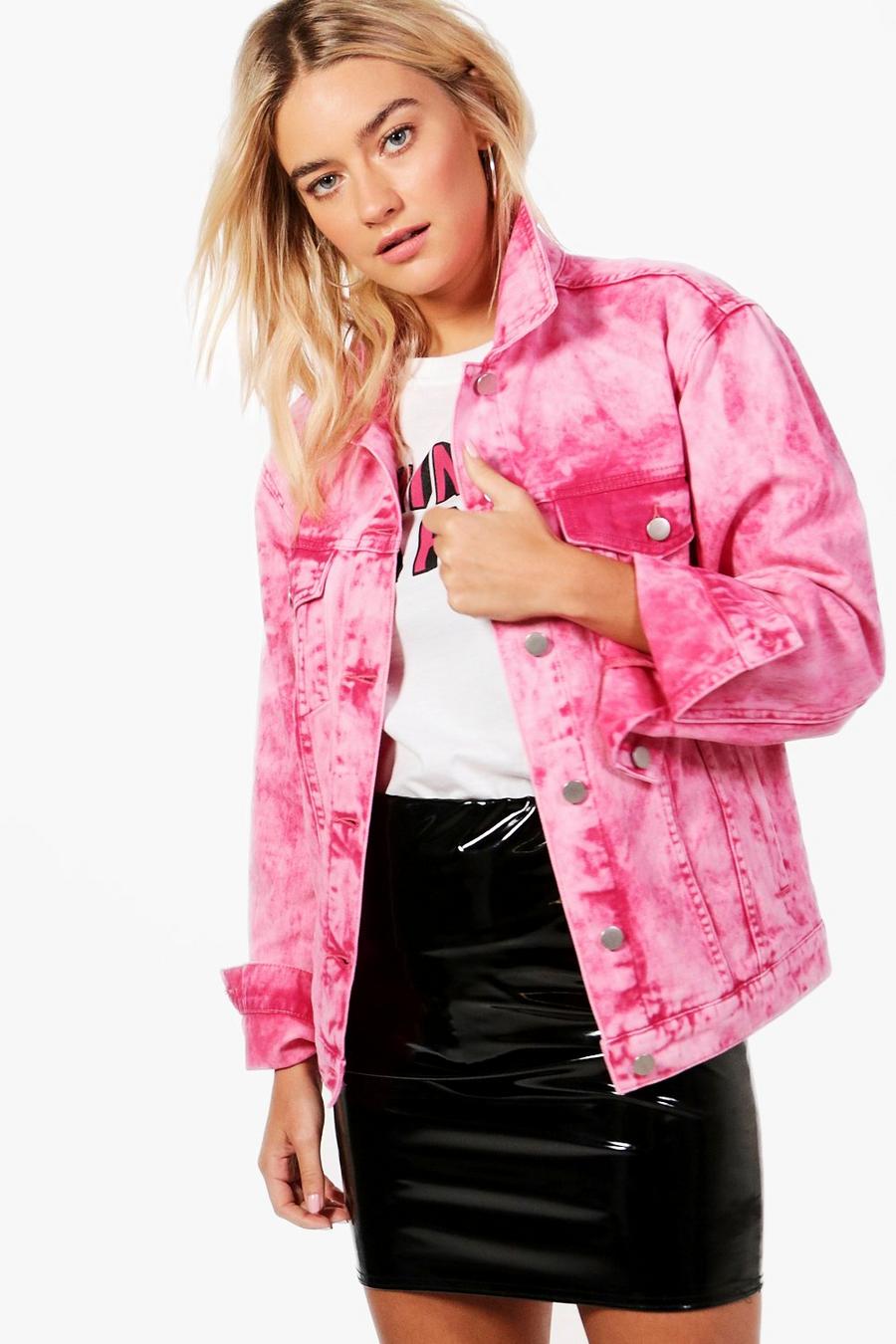 Hot Pink Acid Wash Oversize Denim Jacket, Raspberry image number 1