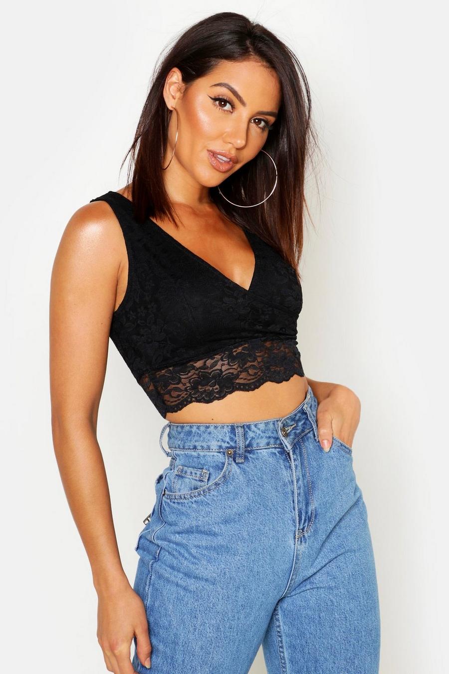 Black Lace Wrap Front Crop Top image number 1