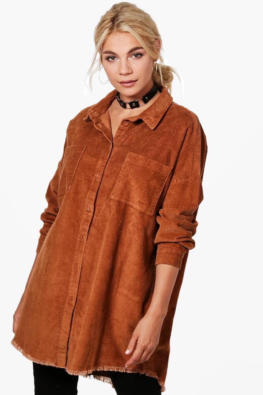 Camel Raw Edge Oversized Cord Shirt image number 1