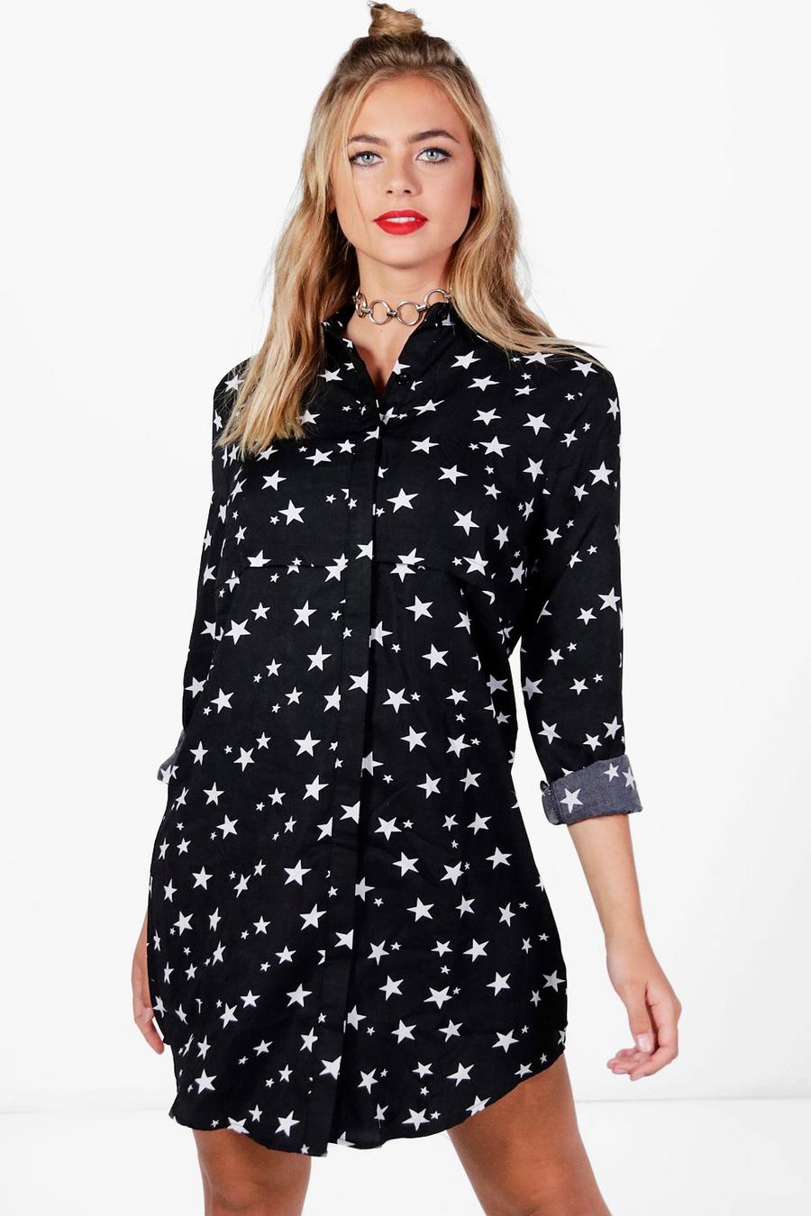 Vestido estilo camisa con estampado de estrellas, Negro image number 1