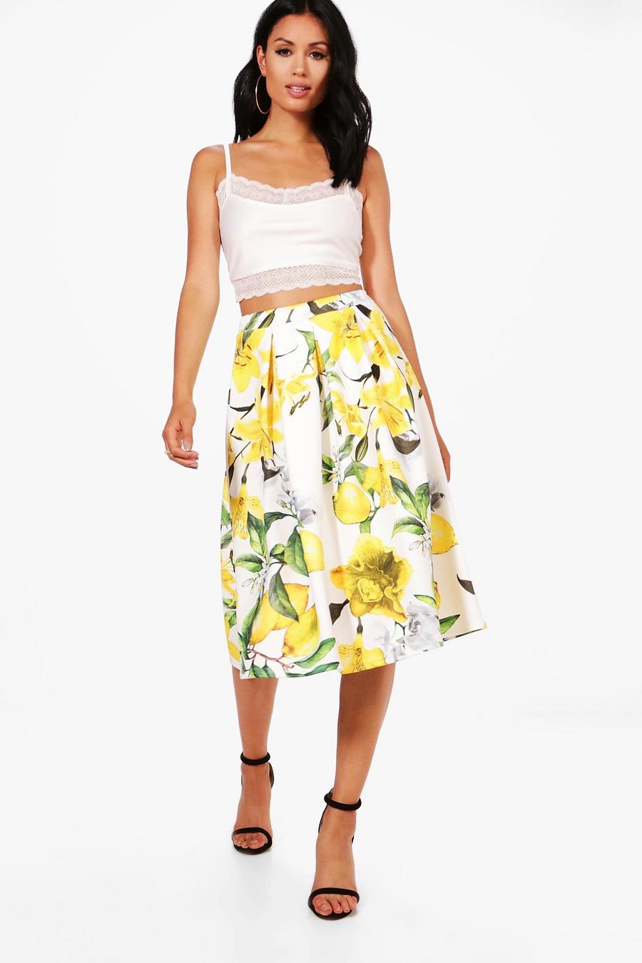 Yellow Saskia Lemon Print Box Pleat Full Midi Skirt image number 1