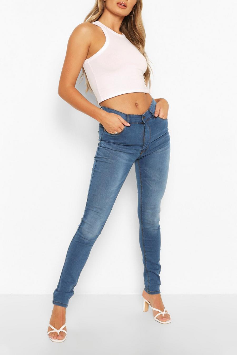 Mid blue Skinny jeans i 5-ficksmodell med hög midja image number 1