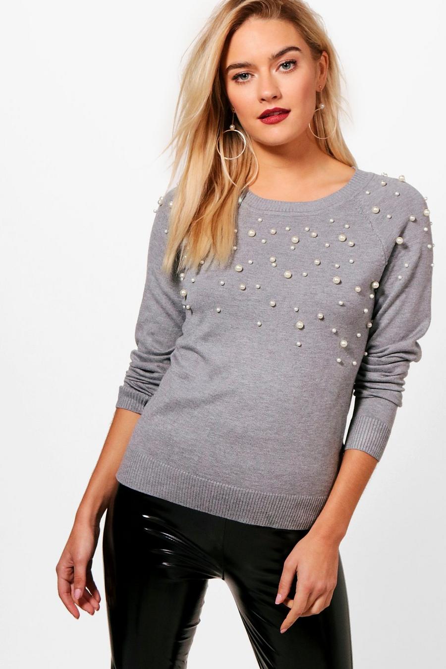 Grey Libby Pearl Embellished Fine Knit Sweater image number 1