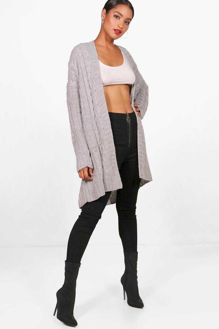 Silver Oversized Slouchy Cable Knit Cardigan image number 1