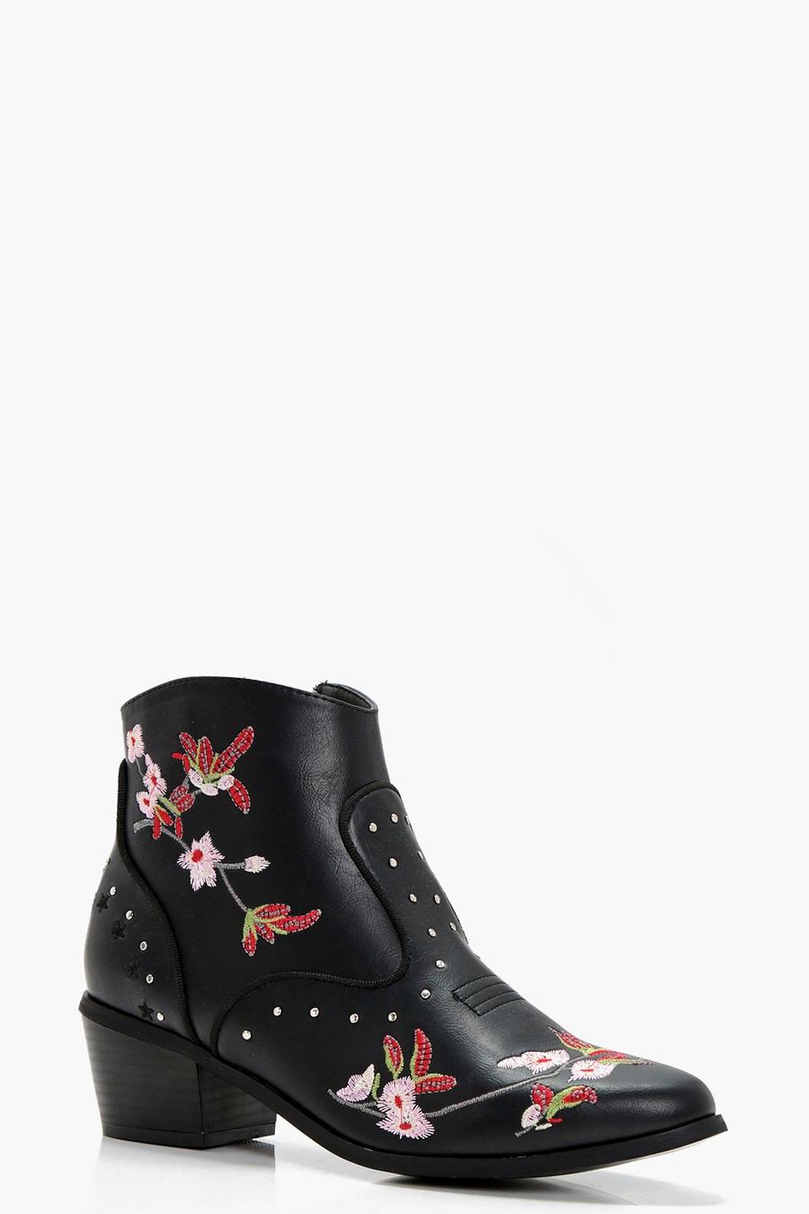 Black Floral Embroidered Ankle Boots image number 1