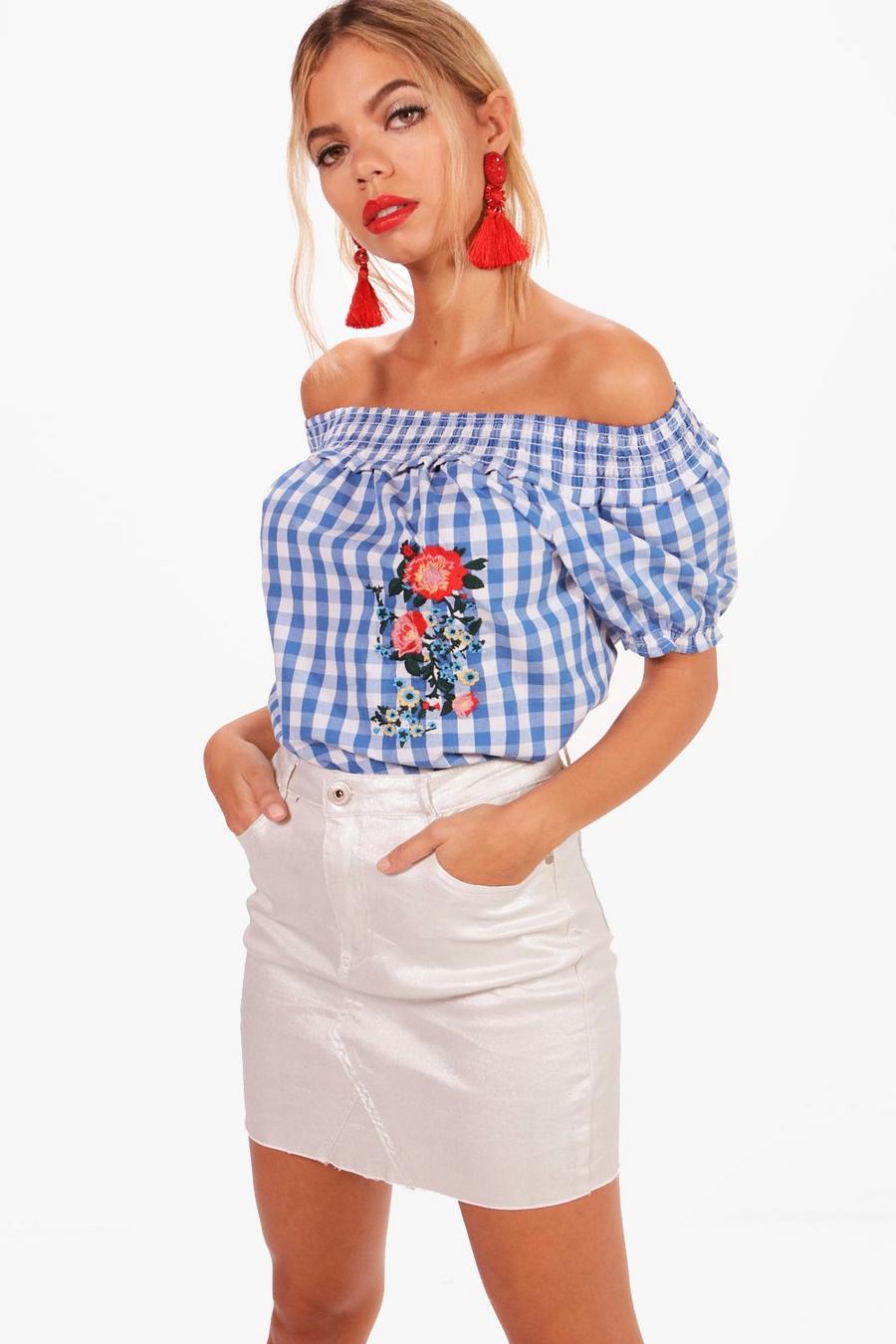 Multi Embroidered Gingham Gypsy Top image number 1