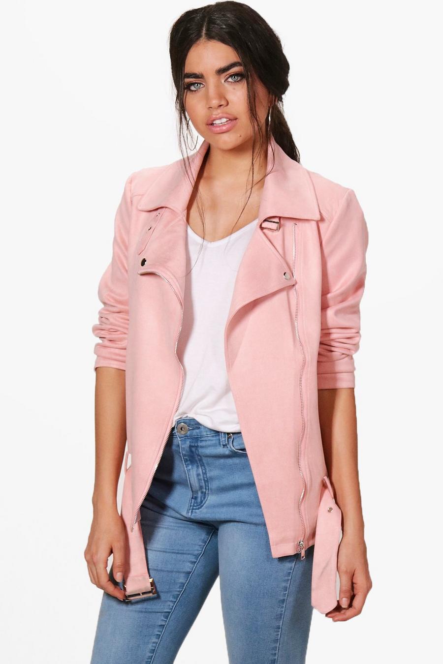 Pink Dina Longline Faux Suede Moto Jacket image number 1