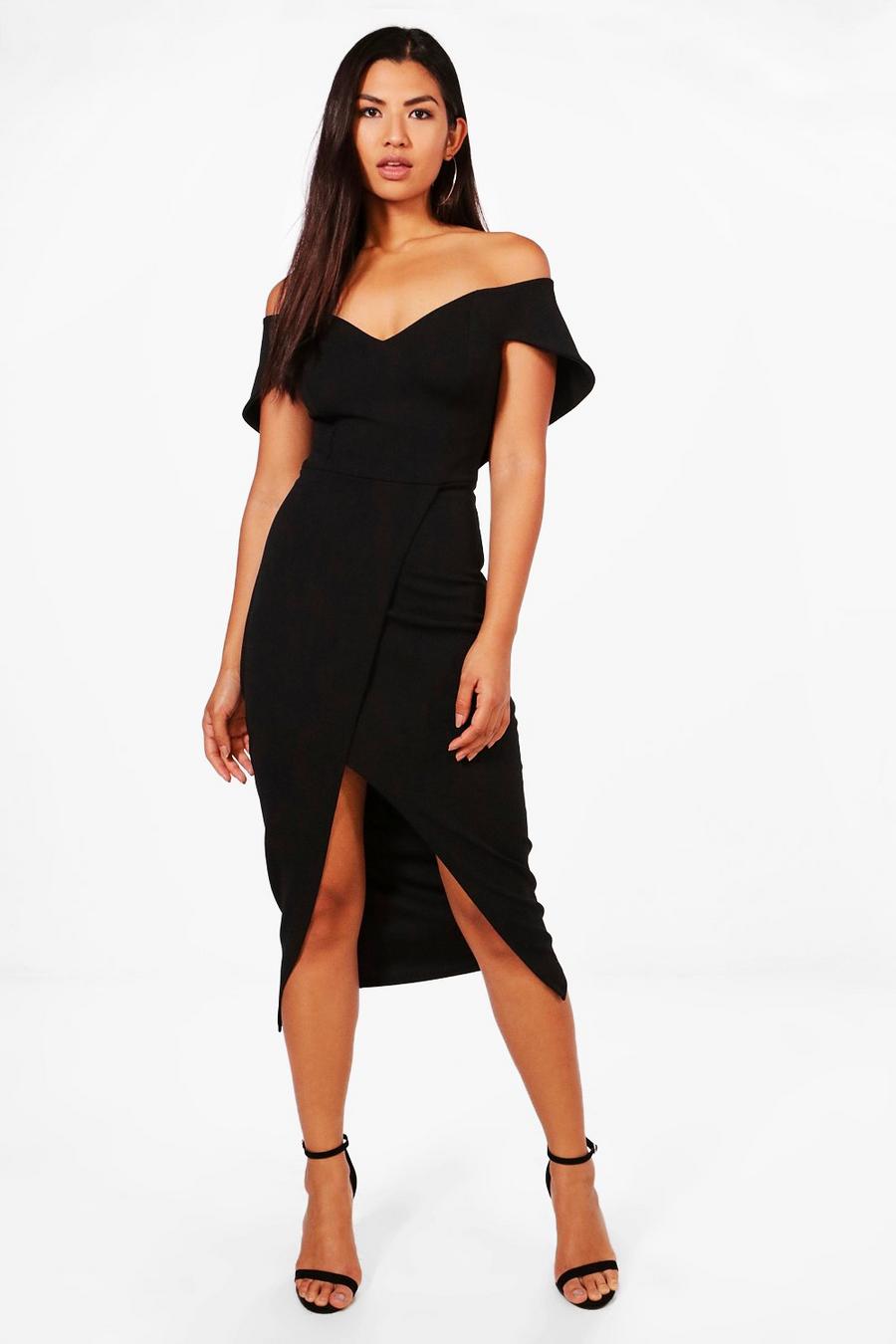 Zwart Midi-jurk in wikkelstijl met blote schouder image number 1