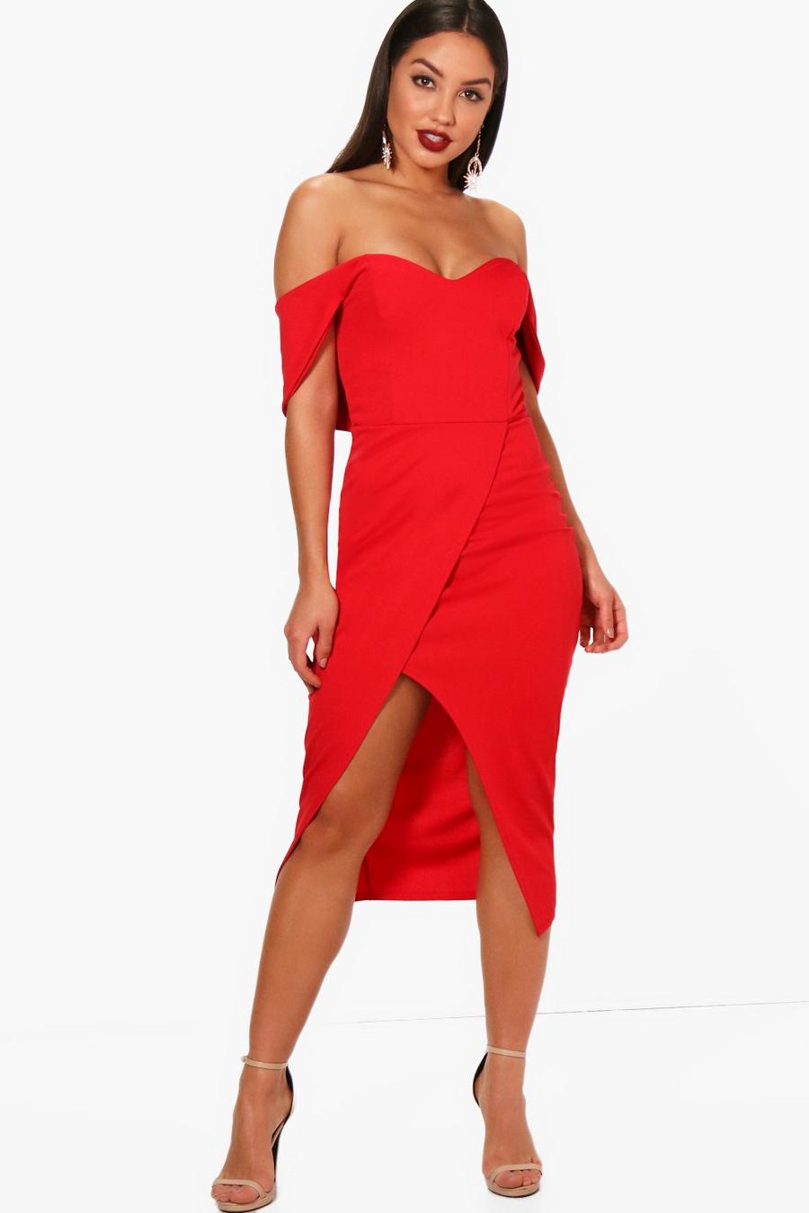 Rood Midi-jurk in wikkelstijl met blote schouder image number 1