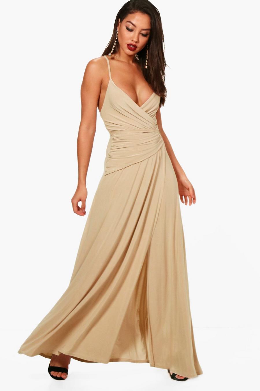 Stone Slinky Wrap Ruched Strappy Maxi Bridesmaid Dress