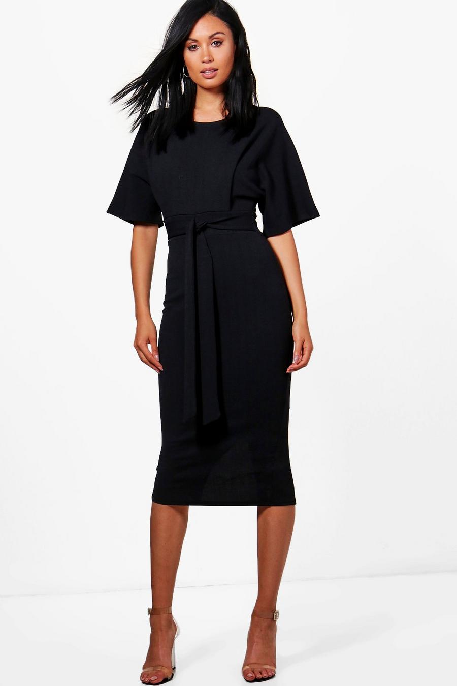 Robe fourreau midi habillée nouée à taille, Noir image number 1