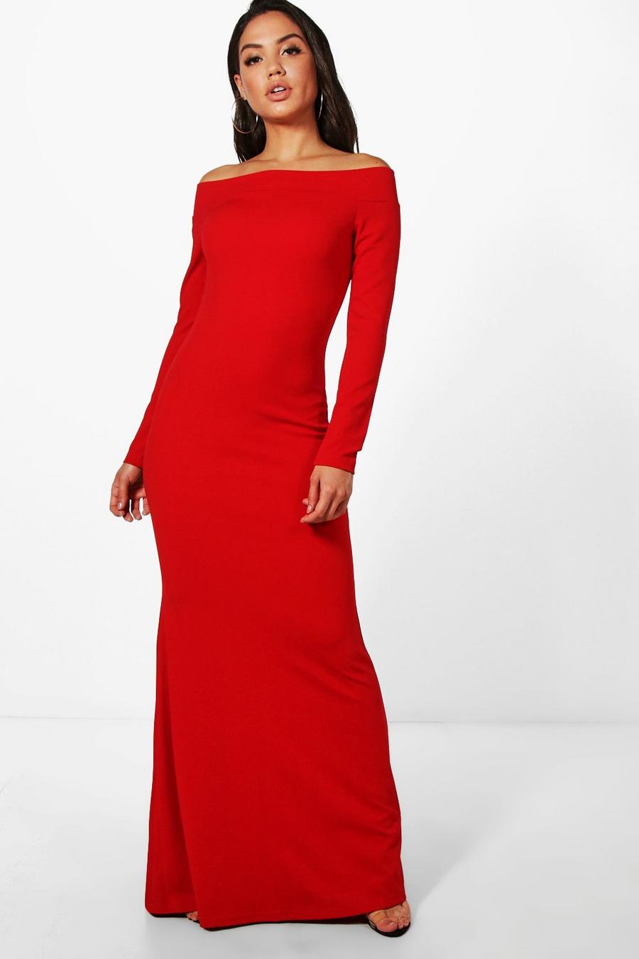 Red Fliss Off Shoulder Long Sleeve Maxi Dress image number 1