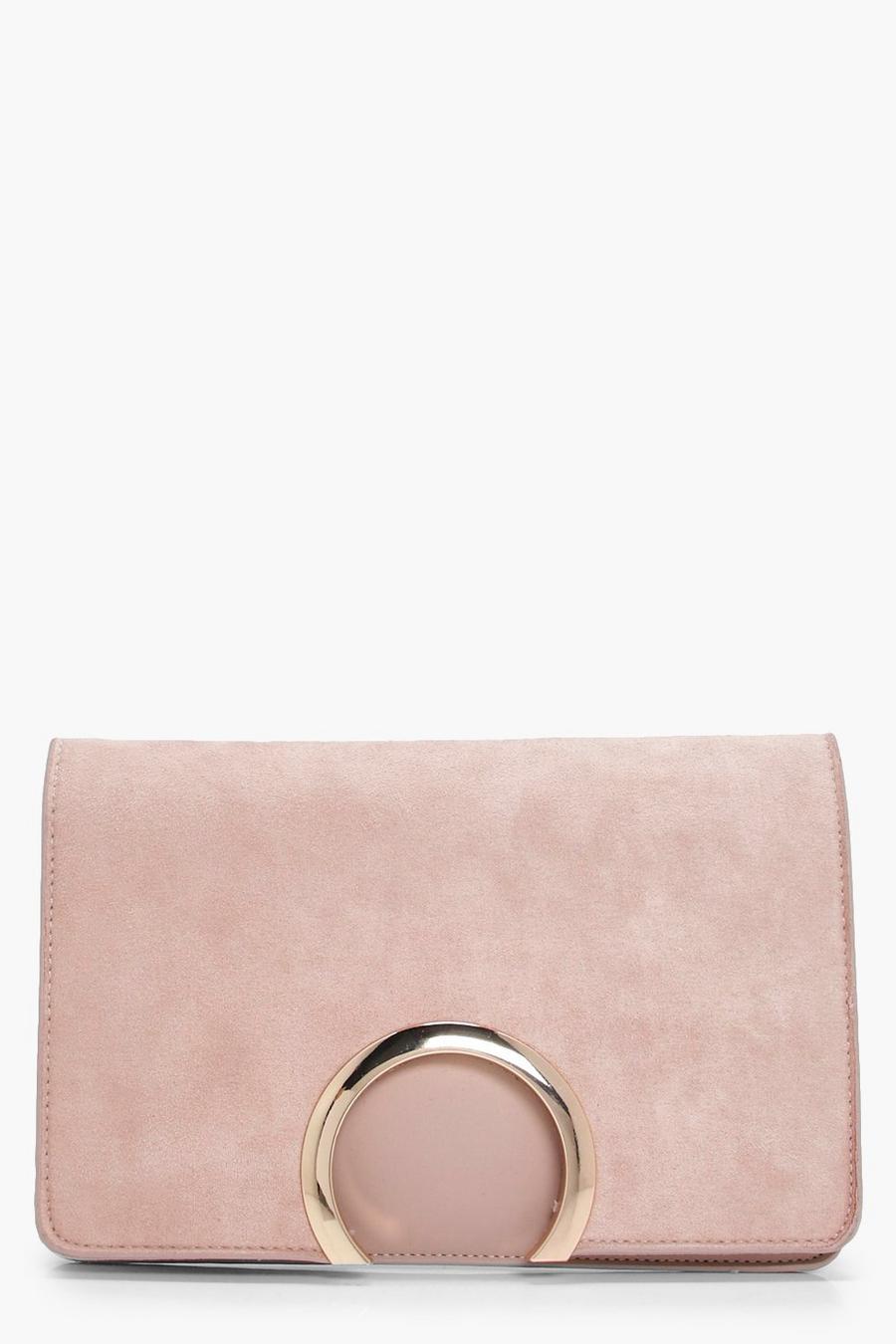 Taupe Metal Circle Suedette & PU Clutch Bag image number 1
